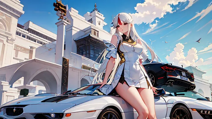 1girl, solo, full body, ningguang from genshin impact stands next to her white vintage Ferrari Testarossa, plain white background, image inspired by genshin impact, highly detailed and intricate details, ningguang_genshin, vintage supercar, looking at view...