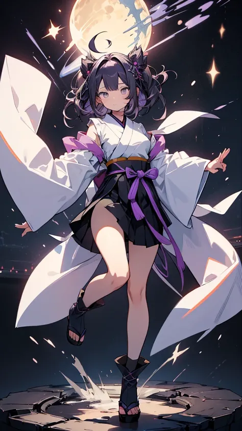 skinny girl, ultra high definition, very detailed, shuriken, shot, bundled hair, whole body, traditional Japanese outfit, short skirt, 23 years old, destroyed planet background, two tone hair (black, purple), Chengan, beautiful eyes, Adult