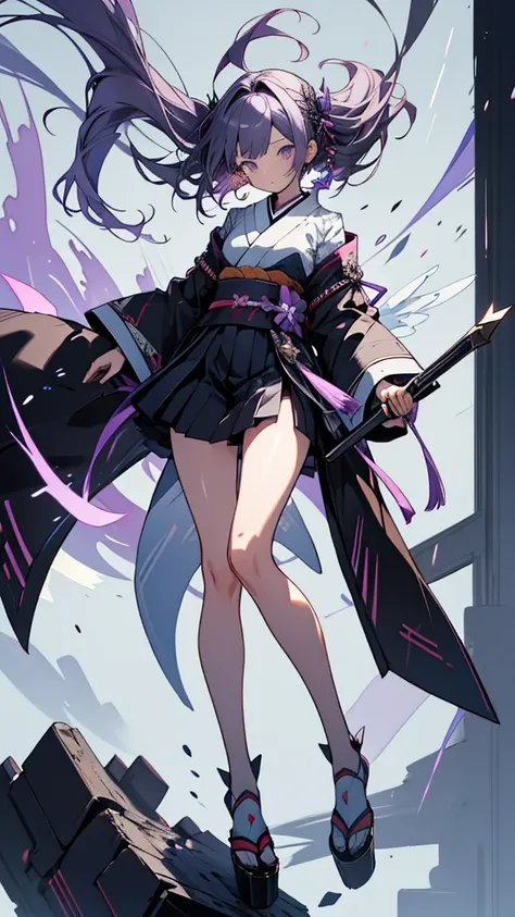 skinny girl, ultra high definition, very detailed, shuriken, shot, bundled hair, whole body, traditional Japanese outfit, short skirt, 23 years old, destroyed planet background, two tone hair (black, purple), Chengan, beautiful eyes, Adult