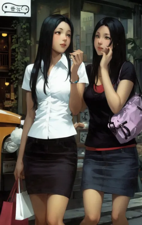 two young beauty women hang out together along shopping district, (one woman wear cotton pencil skirt, another woman wear denim pencil skirt ),  japanese anime style illustration, vivid colors, brighter light, Kentaro Yabuki style