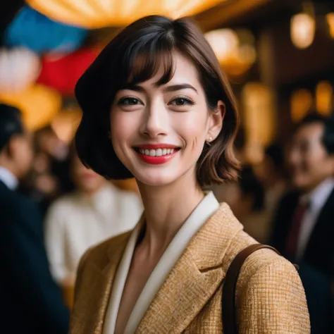 A beautiful face cute Japanese woman, still from the film, (Anne Hathaway look alike face: 0.9), happy smile, in a Wes Anderson outfit, 3D, hyperrealistic photography, Leica SL3, Summicron-SL 75 f/2 ASPH, Kodak Gold 200 film, silhouette, shallowed depth of...