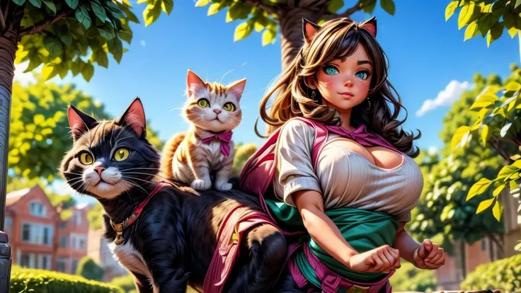 A huge cat, carrying a girl on its back, running to school, detailed fur, detailed eyes, detailed face, ornate background, 8k, high quality, photorealistic, intricate details, masterpiece, vibrant colors, natural lighting, fantasy, magical realism, whimsic...