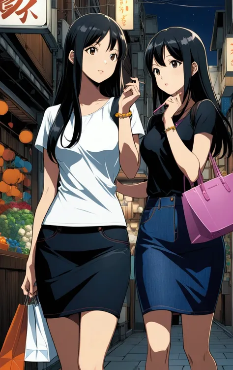 two young beauty women hang out together along shopping district, (one woman wear cotton pencil skirt, another woman wear denim pencil skirt ),  japanese anime style illustration, vivid colors, brighter light, Kentaro Yabuki style