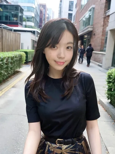 ((Highest quality, 8k, masterpiece :1.3)), 1 girl, smile, whole body, Big Breasts、Slim face, Beautiful woman, (Dark brown hair), Full-length dress :1.1, Highly detailed face, Beautiful Eyes, double eyelid, Blur the background, Slim face, city, outside, str...