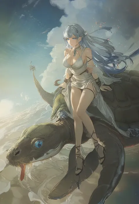 A beautiful girl with long white hair, piercing blue eyes, riding on the back of a giant turtle soaring through the sky, masterpiece, best quality, extremely detailed, cinematic lighting, vibrant colors, intricate background, stunning scenery, fantasy, mag...