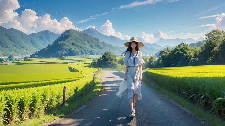 8k、RAW Photos、Highest quality、Very detailed、Super Resolution、Ultra HD、8k壁紙、Amazing details summer、A country road lined with rice fields、Woman walking on a country road、blue sky、Shining Sun