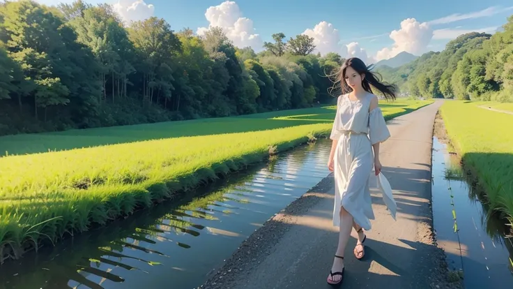 8k、RAW Photos、Highest quality、Very detailed、Super Resolution、Ultra HD、8k壁紙、Amazing details summer、A country road lined with rice fields、Woman walking on a country road、blue sky、Shining Sun