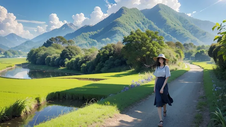 8k、RAW Photos、Highest quality、Very detailed、Super Resolution、Ultra HD、8k壁紙、Amazing details summer、A country road lined with rice fields、Woman walking on a country road、blue sky、Shining Sun