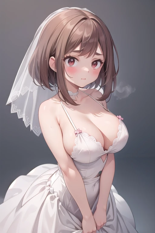 incoming hug, 1 girl, Alone, Gray background, Big breasts, ochako uraraka wearing wedding dress, ((breasts of 420 cm))