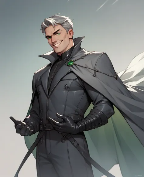 Solo-man, tall man, slender, shoulder length gray hair, green eyes, sly smile, gray robes, gray cloak, leather gloves