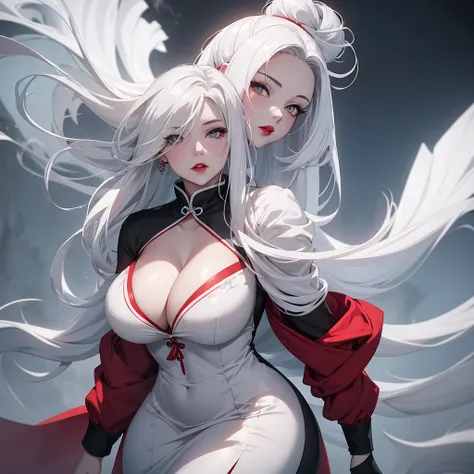 curvy ghostly pale young woman with long white hair in a bun, pure white skin, large cleavage, red lipstick, and grey eyes wearing a grey cheongsam. Misty field background