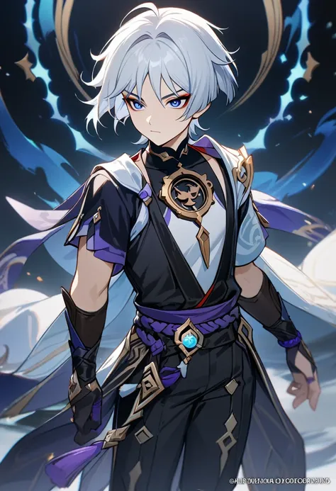 1 male, short hair, white hair, blue eyes, scaramouche (genshin impact) outfit, (best quality,4k,highres,masterpiece:1.2), fantasy, slightly muscular