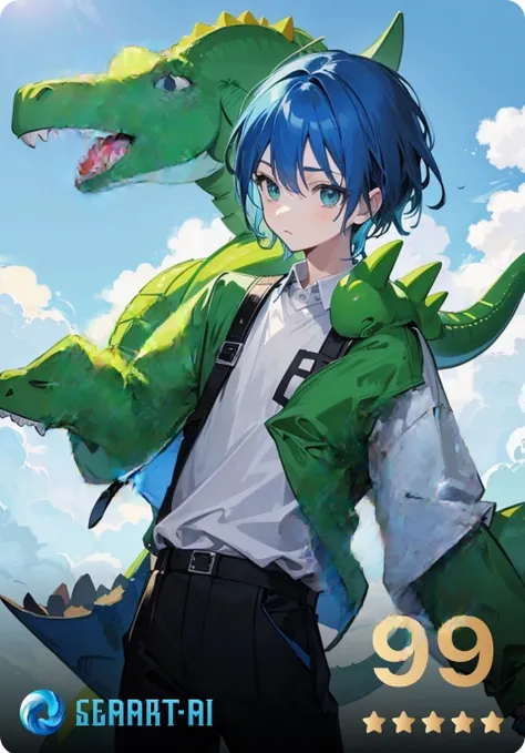 boy　Carrying a green dinosaur on his back　Deformed illustration blue hair　
