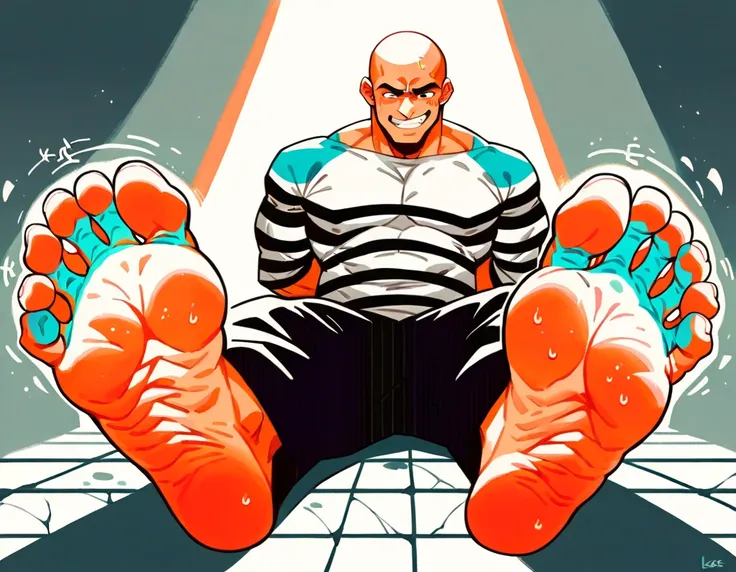 Handsome muscular，Shirtless，Bald man smiling with his hands behind his back，Feet tied to fallen logs，Wearing black and white striped clothes，Tickle the ribs，Feet tickled by hands prison background，Foot Focus，prisoner，Sweating on the soles of the feet，