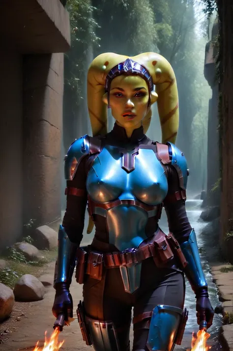 a ((fall body)) ((female twilek ))mandalorian,walking on fire, beautiful detailed eyes, beautiful detailed lips, extremely detailed face, long eyelashes, mandalorian armor, sci-fi, cinematic lighting, dramatic, epic, intricate details, hyper-realistic, 8k,...