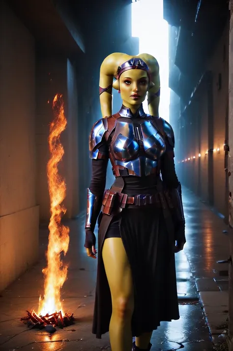 a ((fall body)) ((female twi'lek ))mandalorian,walking on fire, beautiful detailed eyes, beautiful detailed lips, extremely deta...