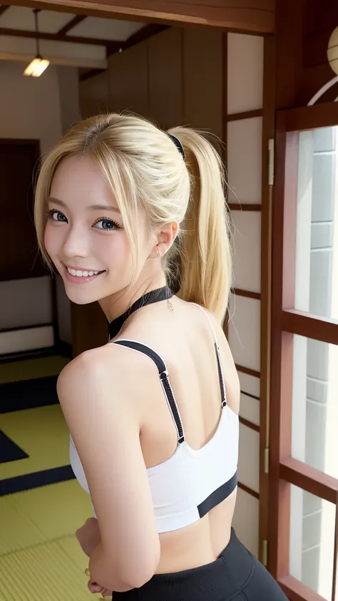 beautiful blonde woman, japan, women、20-year-old、smiling for the camera, wearing a white gym top with a white bra and black pant...