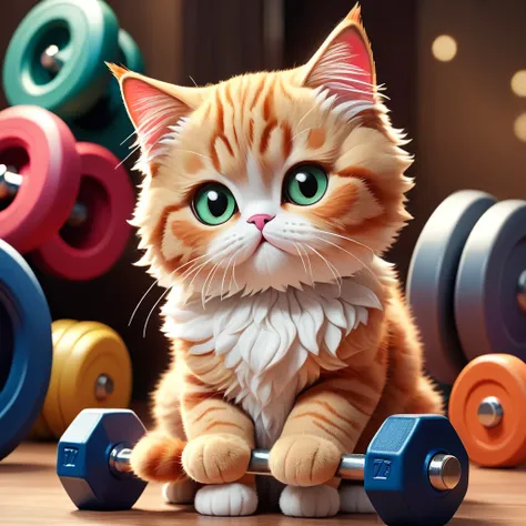 (knitted toys:1.8), (Cute cat exercising:1.3), (clothing: sportswear:1.0), (Accessories: dumbbell:1.2), (background: Gym,:1.2), best quality, masterpiece, Meticulous soft oil painting, detailed background, dramatic movie lighting, soft edge lighting, profe...