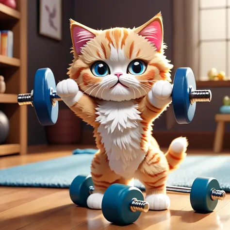 (knitted toys:1.8), (Cute cat exercising:1.3), (clothing: sportswear:1.0), (Accessories: dumbbell:1.2), (background: Gym,:1.2), best quality, masterpiece, Meticulous soft oil painting, detailed background, dramatic movie lighting, soft edge lighting, profe...