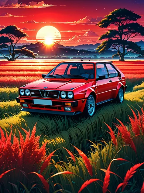 anime landscape of a pearl super laser vivid red metalic pearl color classic lancia delta integrale 8v sport sits in a field of ...