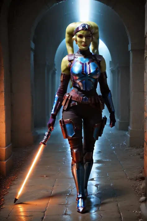 a ((fall body)) ((female twi'lek ))mandalorian,walking on fire, beautiful detailed eyes, beautiful detailed lips, extremely deta...