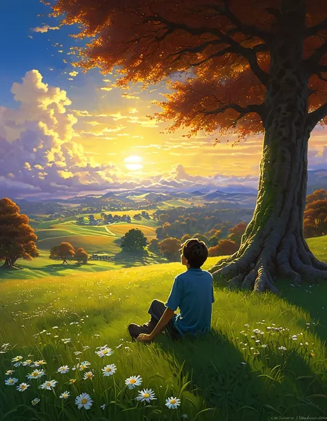 ANIME MASTERPIECE - Creates an image of a serene, sunlit rural scene in vibrant, detailed anime style. The scene is a boy sitting next to a tree in an autumn meadow, looking at a vast golden sky with white clouds, an incredible sunset, tall green grass, da...