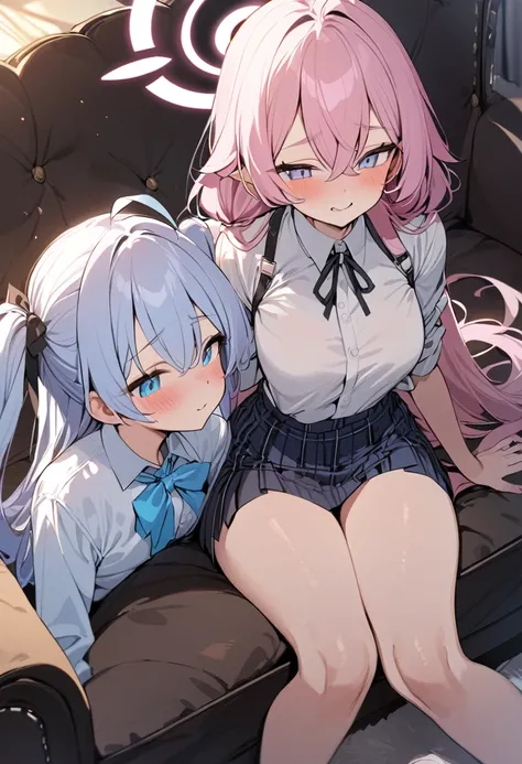 {{2girls}}, masterpiece,best quality, hoshino (blue archive) and hina (blue archive) sitting on the couch