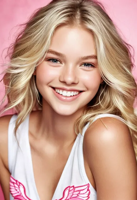 ((Beautiful)), young white teen, blonde hair, brightly smiling, in the style of Victoria’s Secret catalogs 