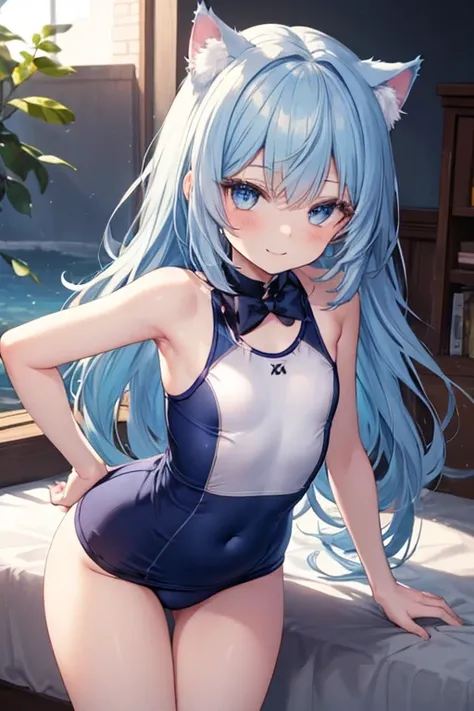 Blue Hair，blue eyes，Cat ears，girl，Girl，Small breasts，Long Hair，straight，Lolita，Small breasts，Bright smile，Looks like 13 years old，Petan Musume，short，目のhighlight，Sexy thighs，Wear a school swimsuit，Please show me your armpits，Your eyes are so beautiful，highl...