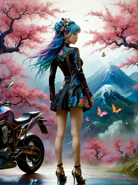 ((Imagine)),((whole body)),1 girl, Wearing a black cheongsam,Arms and Legs,手持电动步枪的Cyberpunk美女,Standing under a cherry tree with pink flowers in full bloom,(Mechanical ceramic high heels:1.5 ),Empty mountain motorcycle style oil painting,in the style of fut...