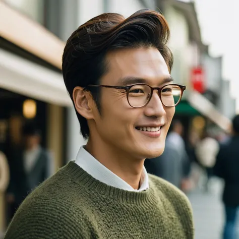 Closeup profile angle portrait photo of a handsome cool face Japanese idol man, quiff hairstyle, still from the film, (Lee min ho look alike face: 0.9), wearing a olive sweater and glasses, smile, hyperrealistic photography, Leica SL3, Summicron-SL 75 f/2 ...