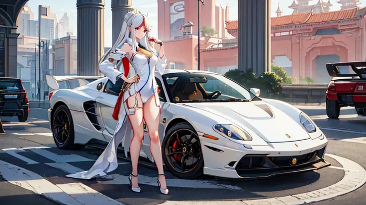 1girl, solo, full body, ningguang from genshin impact stands next to her white vintage ferrari testarossa, plain white backgroun...