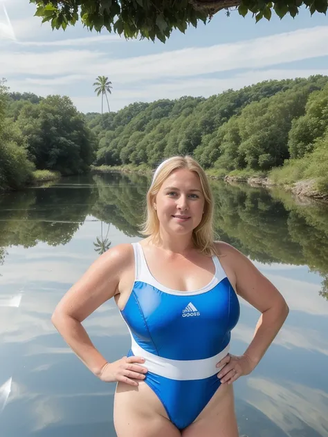 her name is Moreau, high quality, ((mature)), ((white pale skin)), 1girl, ((40-year-old chubby French woman)), ((jawline)), ((40 years old)), ((chubby)), ((blonde)), ((blue eyes)), wearing stylish (((Reflective Swimsuit))), ((BACKGROUND: river)), random po...