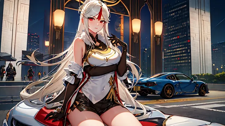 1girl, solo, full body, ningguang from genshin impact stands next to her white vintage ferrari testarossa,  image inspired by ge...