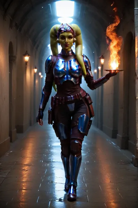 a ((fall body)) ((female twi'lek ))mandalorian,walking on fire, beautiful detailed eyes, beautiful detailed lips, extremely deta...