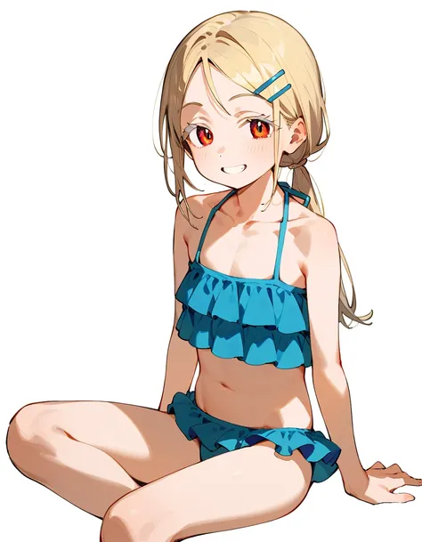 Highest quality, masterpiece, No correction, Beark 1 dhibi girl,shinosawa hiro,thin,Orange eyes,White eyelashes,Blonde,Long Hair,Hair Clip,flat chest,white background,frilled bikini,blue bikini,low ponytail,sitting,grin,