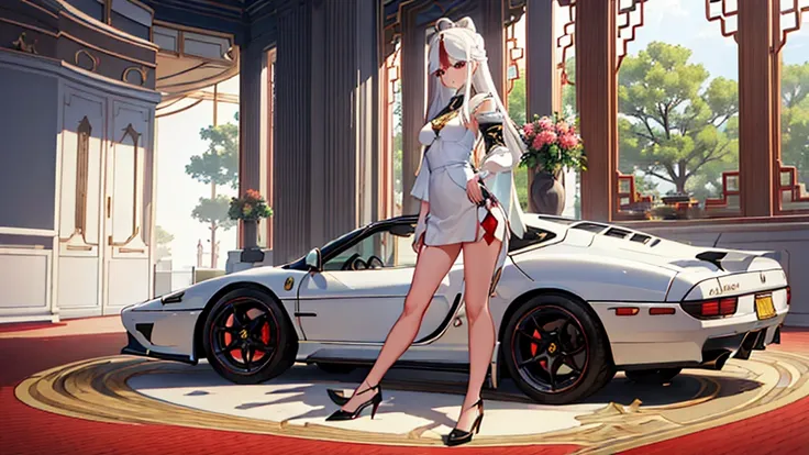 1girl, solo, full body, ningguang from genshin impact stands next to her white vintage ferrari testarossa, plain white backgroun...