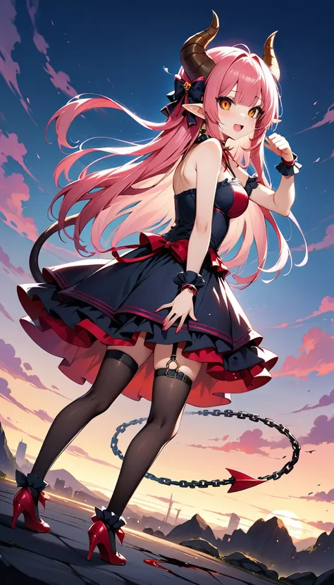 1girl,full ,full body,girly pose,dynamic pose,chained,blood in hair,string choker,body ,tail wrap,thigh strap,tattoo,solo, long hair, open mouth, weapon, pink hair, horns, pointy ears, fang, colored skin, demon girl, claws, colored sclera, black sclera, st...