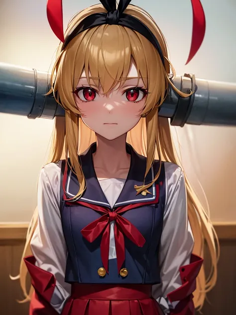 (masterpiece, best quality, highly detailed, ultra detailed, high resolution, absurdres, 4K, 8K:1.2), 
BREAK,shimakaze uniform:1.5, 10 years GIRL,Blonde_HAIR,RED eyes,(RED Ribbon on HAIRband:1.2)