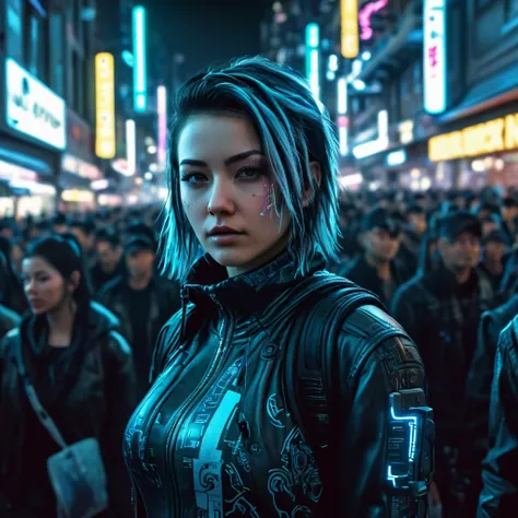 Cyberpunk girl, walking through the crowd in a Night City, intricate details, HDR, beautifully shot, hyperrealistic, sharp focus, 64 megapixels