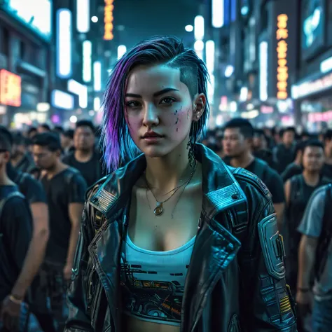 Cyberpunk girl, walking through the crowd in a Night City, intricate details, HDR, beautifully shot, hyperrealistic, sharp focus, 64 megapixels