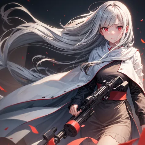 One girl, Long Hair, High resolution, Gaze, Food, Gray Hair, Simple Background, far and near method, Illustration, Hair blowing in the wind, Deco bangs, Red eyes, Sad, had a rifle