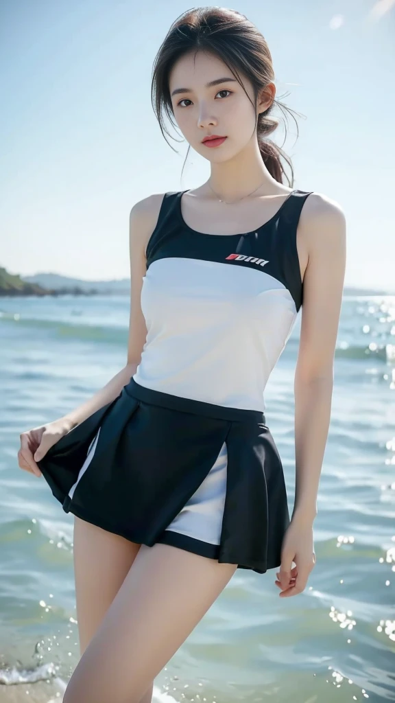  (best quality ，masterpiece, Reality : 1.3), Super Detail, Anatomically correct，1 beautiful girl，Short skirt swimsuit，Beach