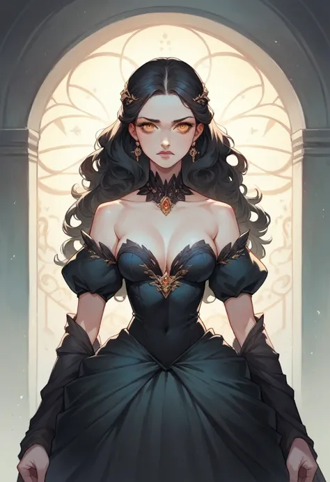 A realistic 20 year old princess of darkness. She has amber eyes. Black Hair she is beautful but cunning Wearing all black princess gown. 