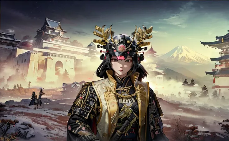 Female, (girls:1.5), (exceptional, best aesthetic, new, newest, best quality, anime, waifu:1.2), best quality, ultra detailed, absurdres, highres, colored, good anatomy, black hair, pretty face, Japanese Samurai armor, Samurai helmet, laurel leaves on helm...