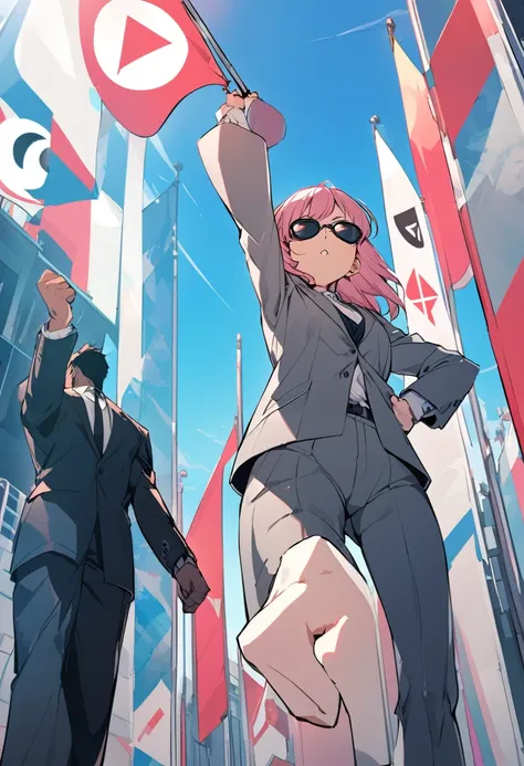 Anime style, low-angle perspective, looking up, pink-haired girl making a fist and raising her hand, gray eyes, blue sky, next to a man wearing sunglasses and a suit.XRP logo flag.