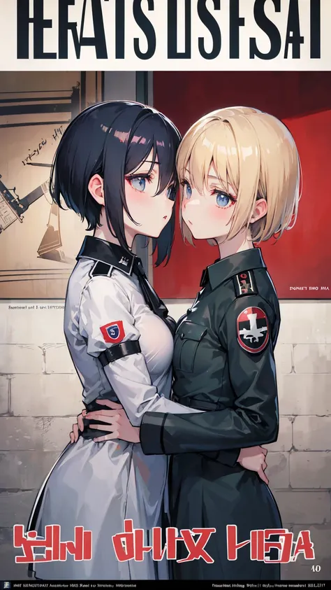 Propaganda poster. Gestapo uniform, female  lesbian kawaii sisters kissing passionately in Auschwitz Jewish concentration camp, wearing  Luftwaffe uniforms. 8k. masterpiece. best quality. best artwork. lingerie.   insignia. bare breasts