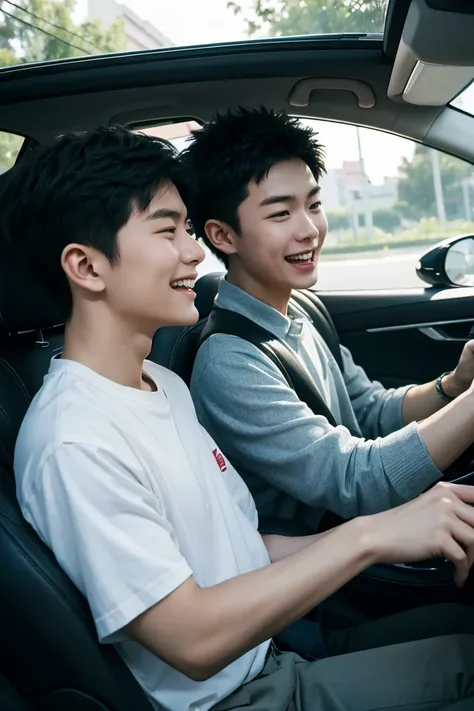 Two young Chinese youths，Drive in the car，Talking and laughing