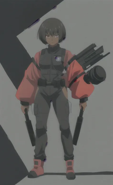 90s anime grown black skinned women with short black hair wearing a swat gear full body 