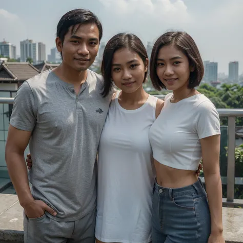 Medium shot of a 35 year old indonesian man, fit body, ideal body, oval face, white skin, nature skin, medium hair, wearing a shirt , side by side with a 25 year old indonesian woman with, gray crop tot, they smile facing the camera, eye to camera, eye lev...